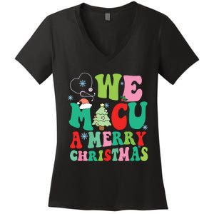 Retro We Micu A Merry Christmas Medical Icu Rn Aide Tech Women's V-Neck T-Shirt