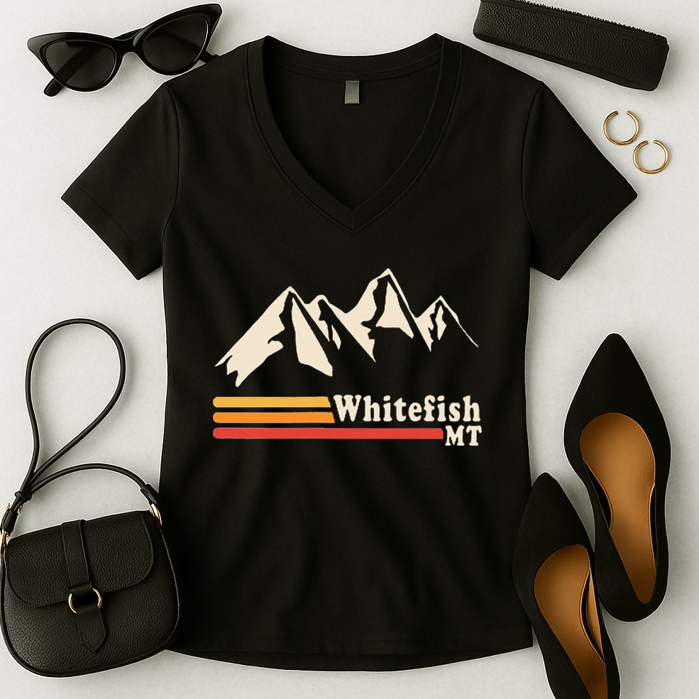 Retro Whitefish Montana Rocky Mountains Ski Women's V-Neck T-Shirt