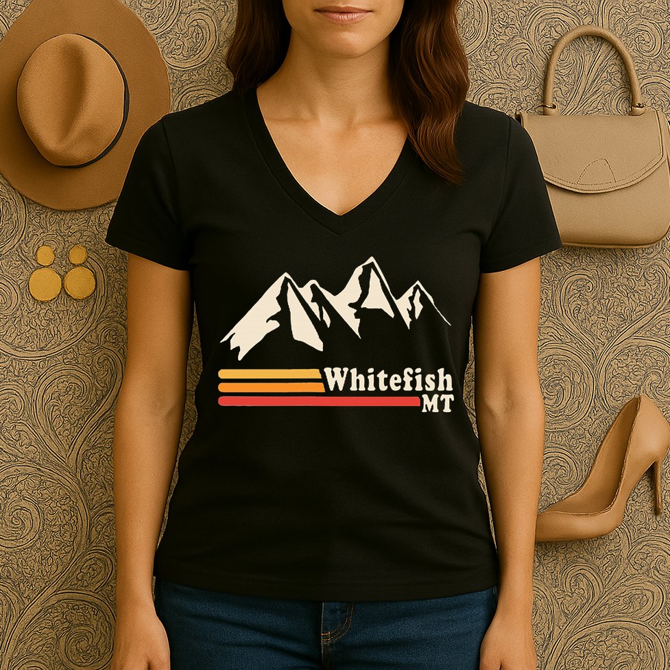 Retro Whitefish Montana Rocky Mountains Ski Women's V-Neck T-Shirt