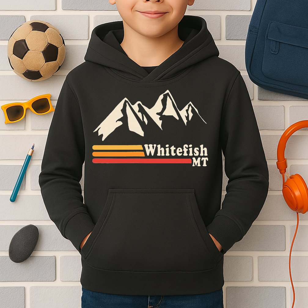Retro Whitefish Montana Rocky Mountains Ski Kids Hoodie
