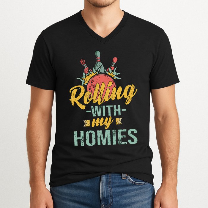Rollin With My Homies Retro Bowling V-Neck T-Shirt