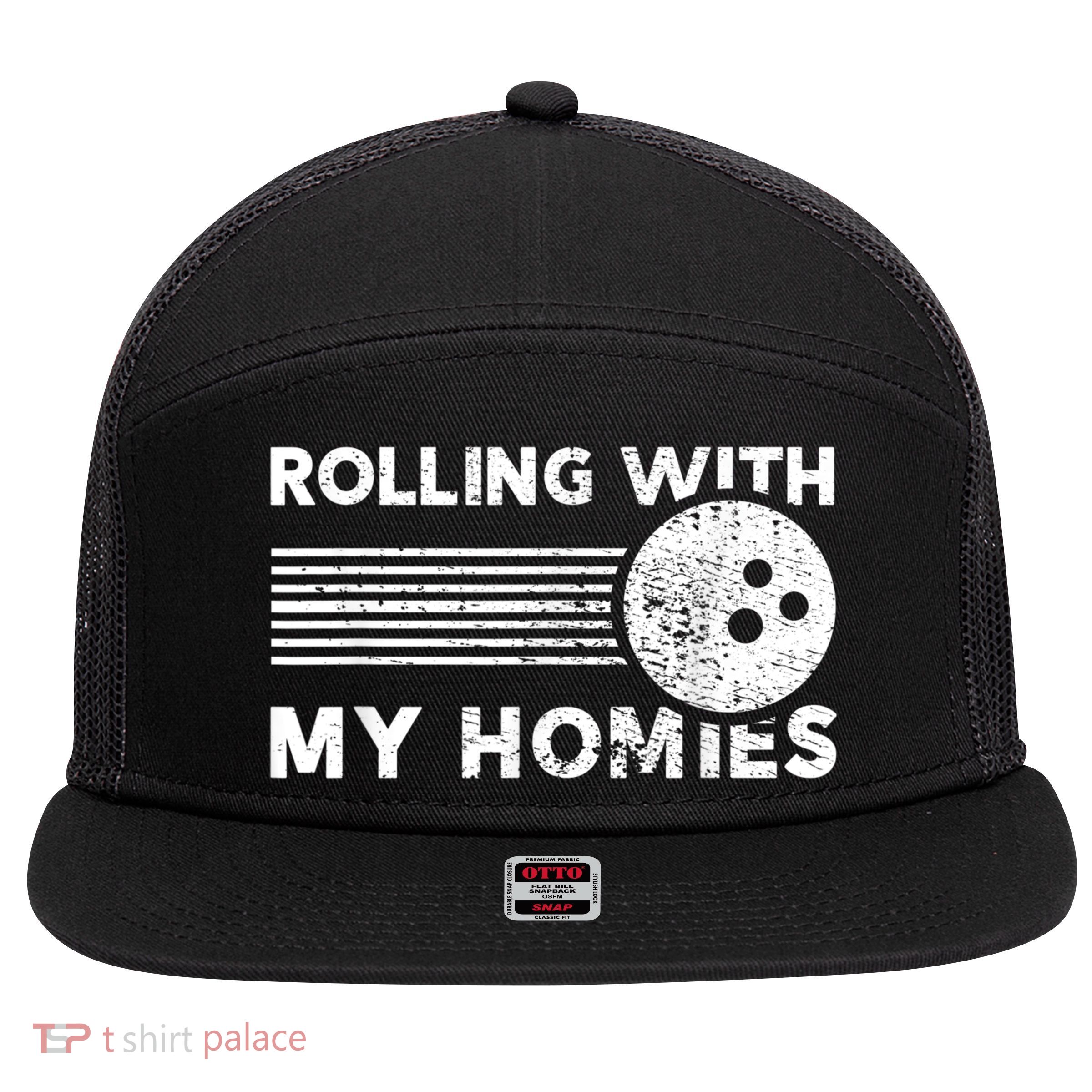 Rolling With My Homies Funny Bowling 7 Panel Mesh Trucker Snapback Hat