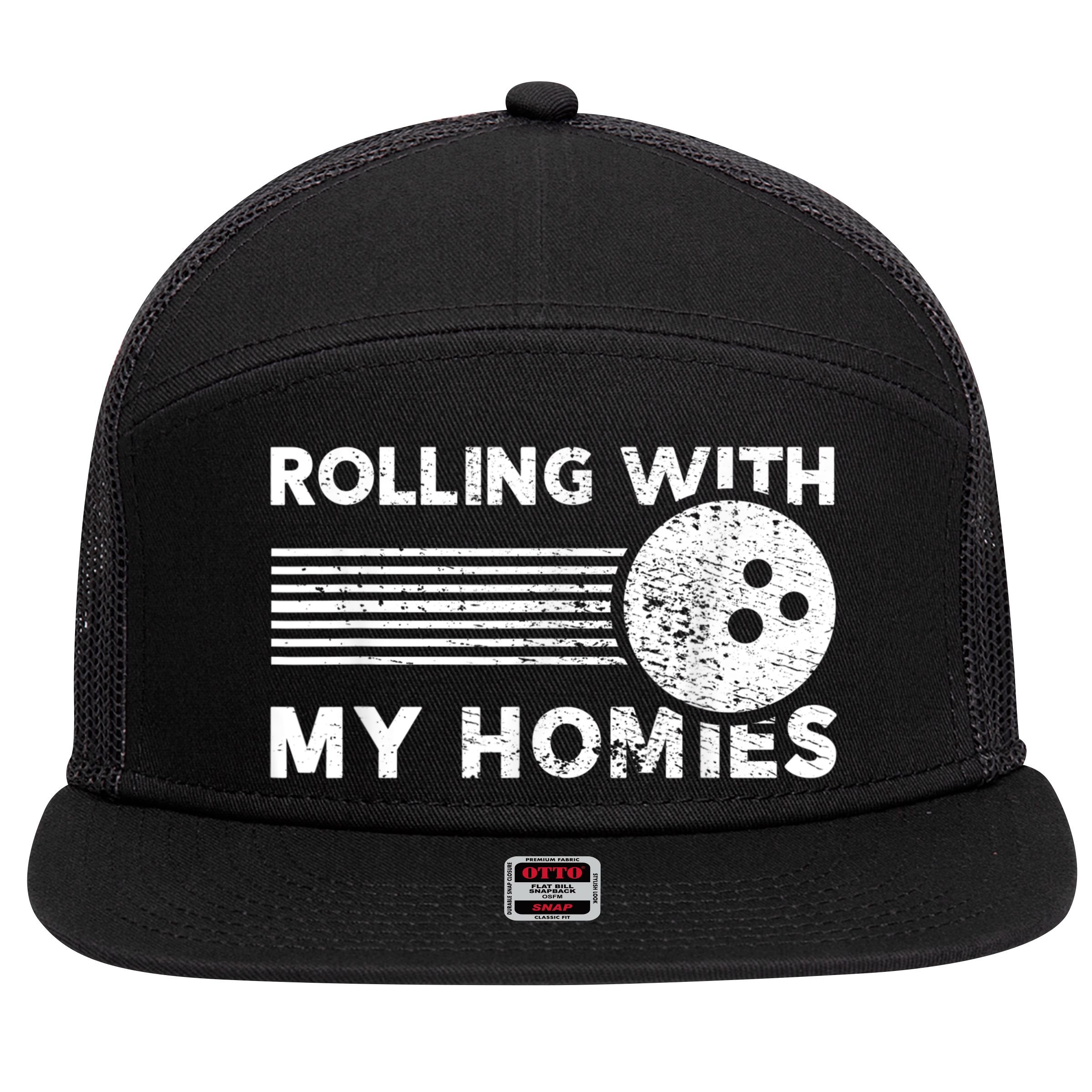 Rolling With My Homies Funny Bowling 7 Panel Mesh Trucker Snapback Hat
