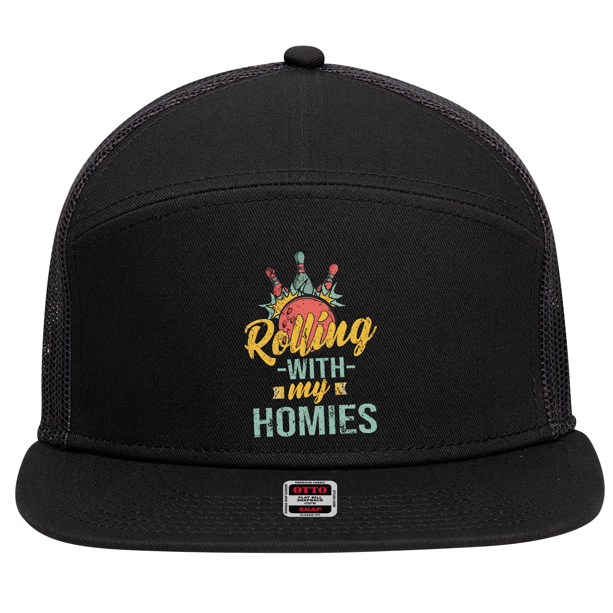 Rollin With My Homies Retro Bowling 7 Panel Mesh Trucker Snapback Hat