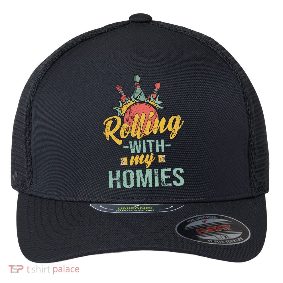 Rollin With My Homies Retro Bowling Flexfit Unipanel Trucker Cap