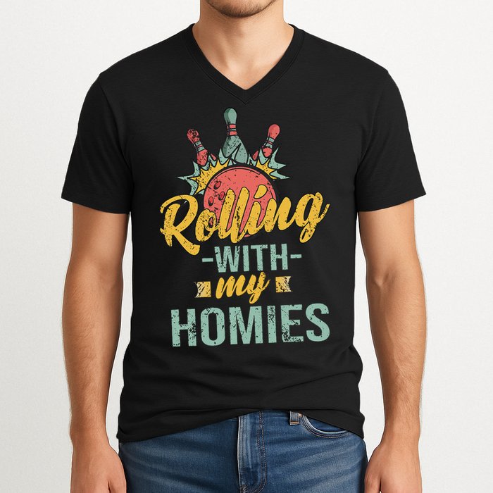 Rollin With My Homies Retro Bowling V-Neck T-Shirt