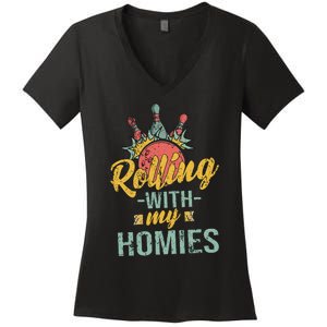 Rollin With My Homies Retro Bowling Women's V-Neck T-Shirt