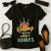 Rollin With My Homies Retro Bowling Women's V-Neck T-Shirt
