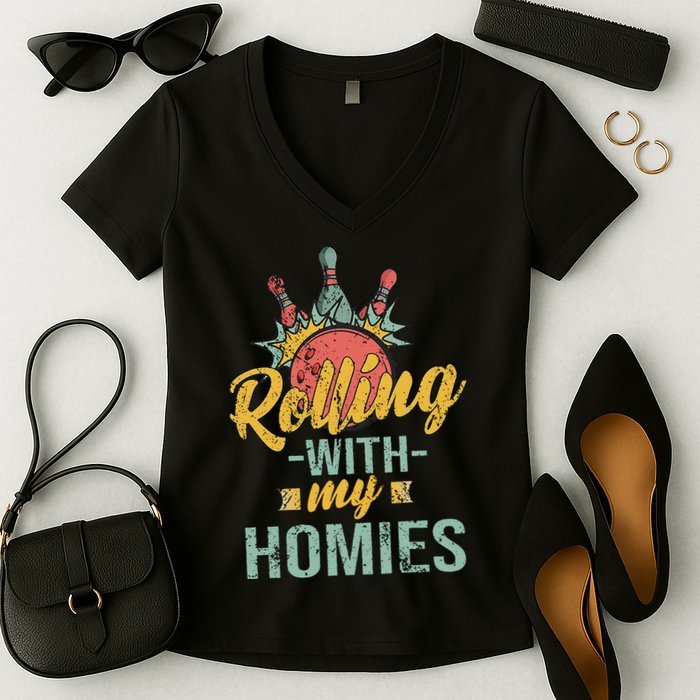 Rollin With My Homies Retro Bowling Women's V-Neck T-Shirt