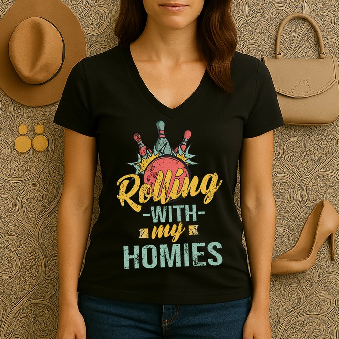 Rollin With My Homies Retro Bowling Women's V-Neck T-Shirt
