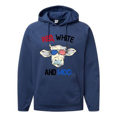 Red White Moo Usa American Cow Patriotic 4th Of July Meaningful Gift Performance Fleece Hoodie