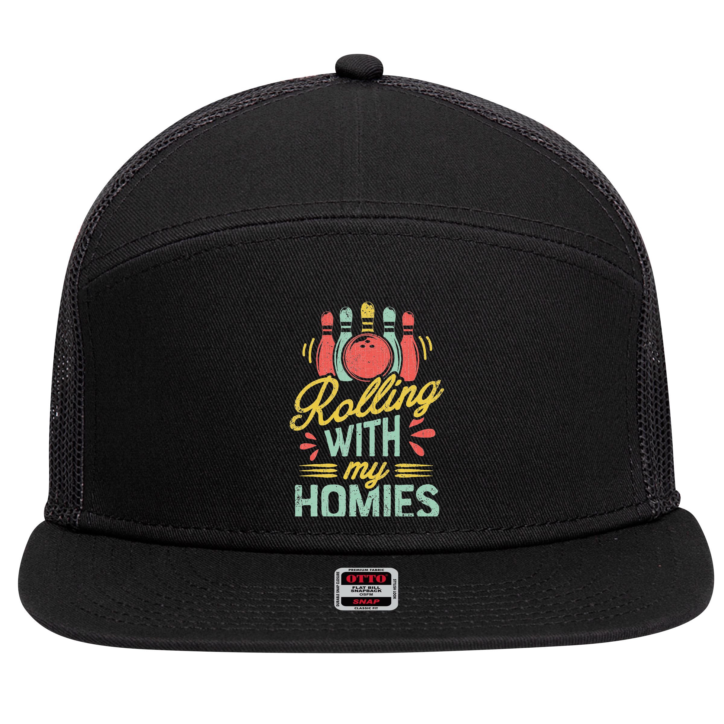 Rolling With My Homies Bowling Bowlers Funny Gift 7 Panel Mesh Trucker Snapback Hat