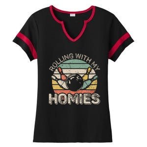 Rolling With My Homies Retro Bowling Bowler Team Funny Ladies Halftime Notch Neck Tee