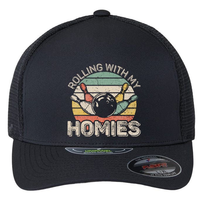 Rolling With My Homies Retro Bowling Bowler Team Funny Flexfit Unipanel Trucker Cap