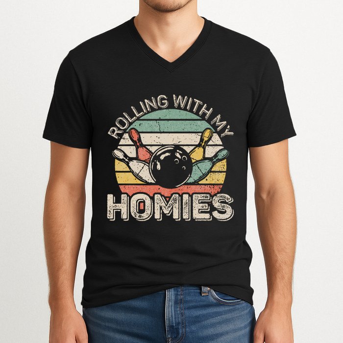 Rolling With My Homies Retro Bowling Bowler Team Funny V-Neck T-Shirt