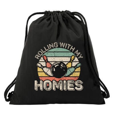 Rolling With My Homies Retro Bowling Bowler Team Funny Drawstring Bag
