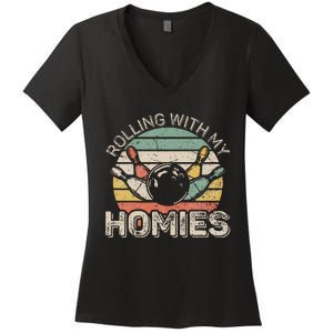 Rolling With My Homies Retro Bowling Bowler Team Funny Women's V-Neck T-Shirt