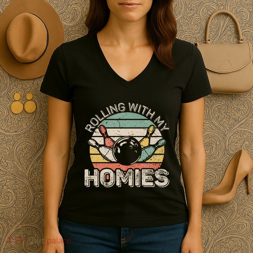 Rolling With My Homies Retro Bowling Bowler Team Funny Women's V-Neck T-Shirt