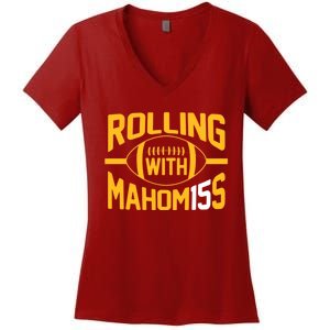 Rolling With Mahomes KC Football Funny Women's V-Neck T-Shirt