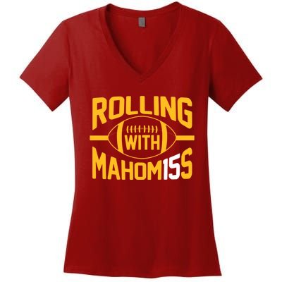 Rolling With Mahomes KC Football Funny Women's V-Neck T-Shirt