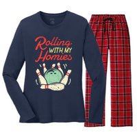 Rolling With My Homies Bowling Bowlers Funny Gift Women's Long Sleeve Flannel Pajama Set 