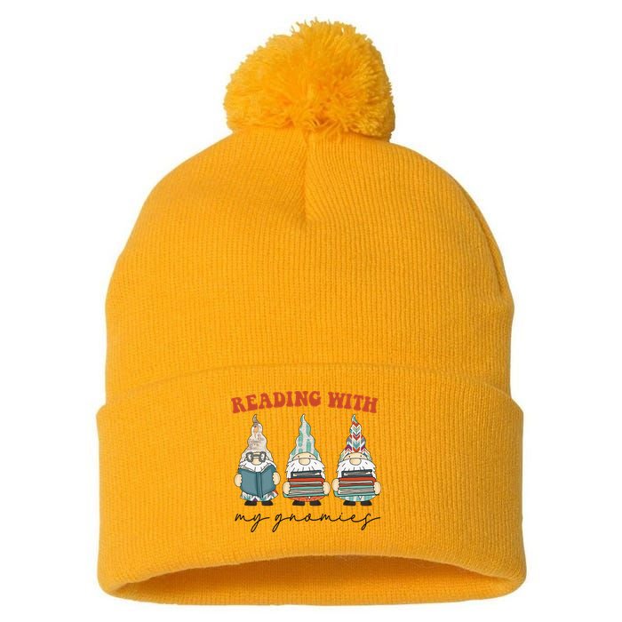 Reading With My Gnomies Funny Book Nerd Gnome Love Reading Pom Pom 12in Knit Beanie