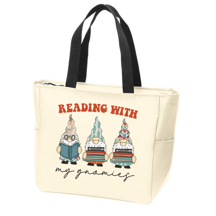 Reading With My Gnomies Funny Book Nerd Gnome Love Reading Zip Tote Bag