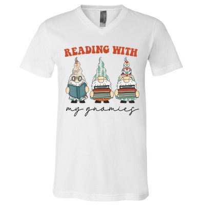 Reading With My Gnomies Funny Book Nerd Gnome Love Reading V-Neck T-Shirt