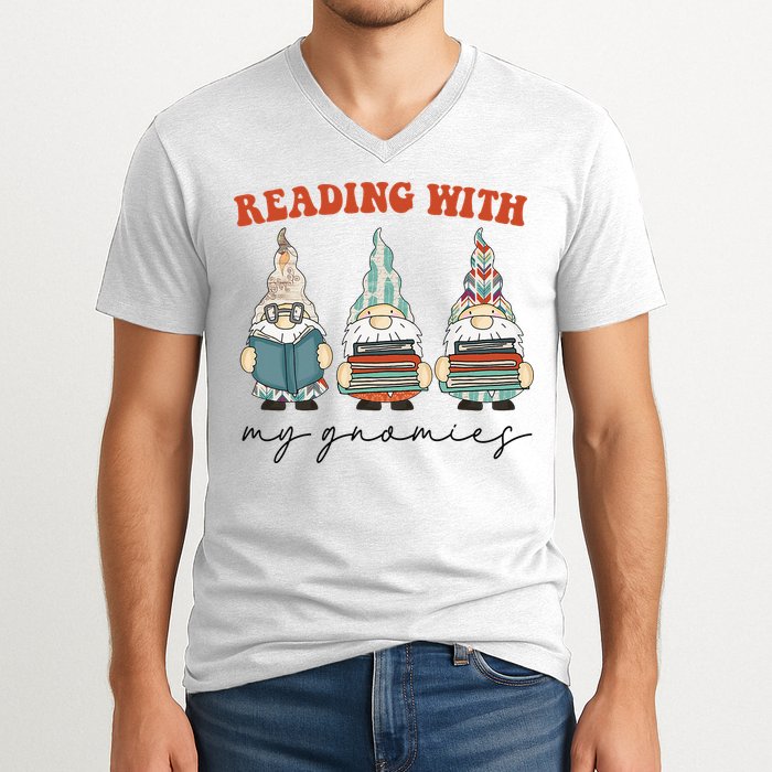 Reading With My Gnomies Funny Book Nerd Gnome Love Reading V-Neck T-Shirt