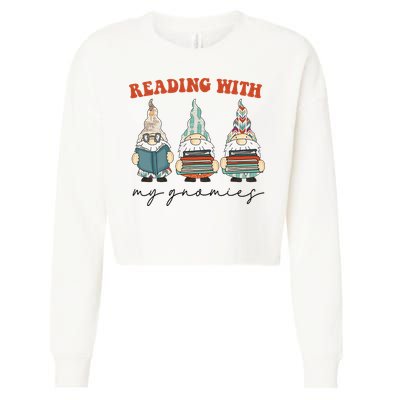 Reading With My Gnomies Funny Book Nerd Gnome Love Reading Cropped Pullover Crew