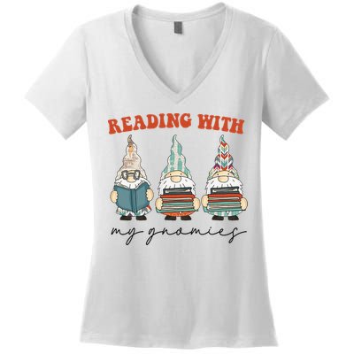 Reading With My Gnomies Funny Book Nerd Gnome Love Reading Women's V-Neck T-Shirt