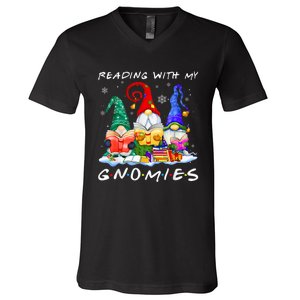 Reading With My Gnomies Book Lover Reading Lovers Christmas V-Neck T-Shirt