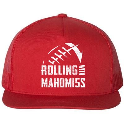 Rolling With Mahomes KC Football Sports Distressed Vintage Flat Bill Trucker Hat