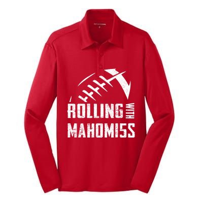 Rolling With Mahomes KC Football Sports Distressed Vintage Silk Touch Performance Long Sleeve Polo