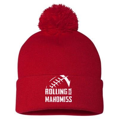 Rolling With Mahomes KC Football Sports Distressed Vintage Pom Pom 12in Knit Beanie