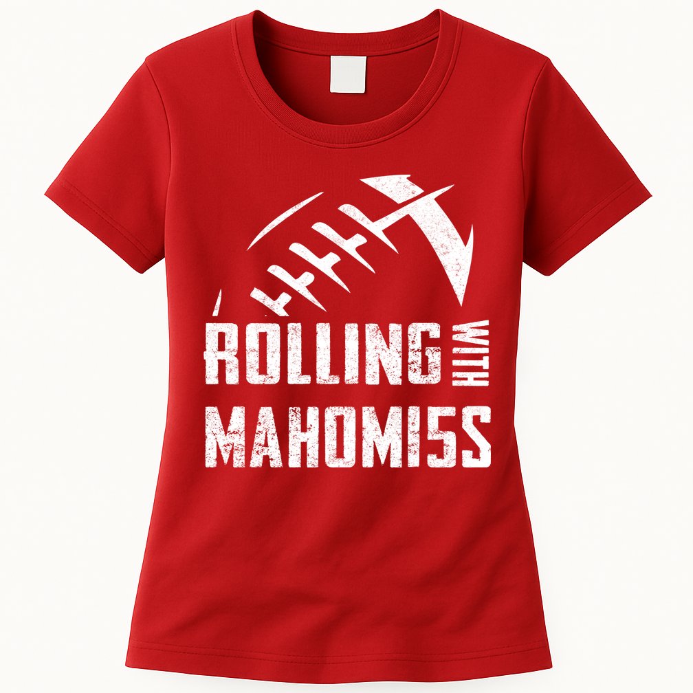 Rolling With Mahomes KC Football Sports Distressed Vintage Womens T-Shirt