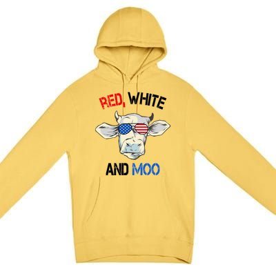 Red White Moo Usa American Cow Patriotic 4th Of July Gift Premium Pullover Hoodie