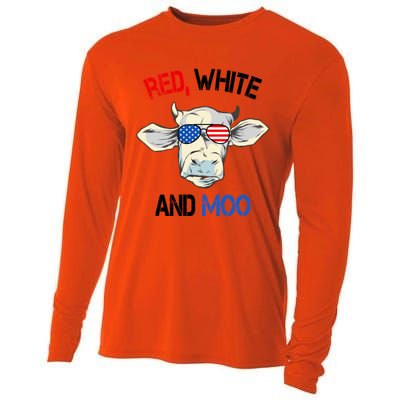 Red White Moo Usa American Cow Patriotic 4th Of July Gift Cooling Performance Long Sleeve Crew