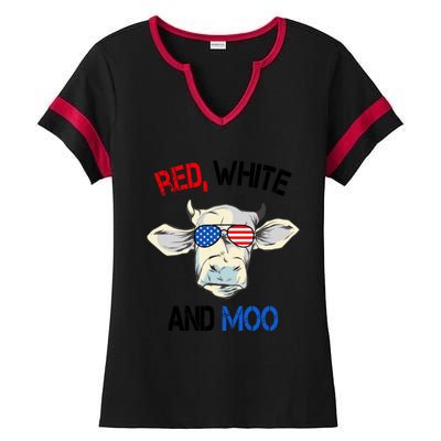 Red White Moo Usa American Cow Patriotic 4th Of July Gift Ladies Halftime Notch Neck Tee