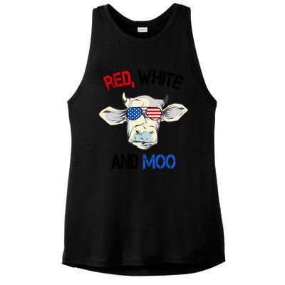 Red White Moo Usa American Cow Patriotic 4th Of July Gift Ladies PosiCharge Tri-Blend Wicking Tank