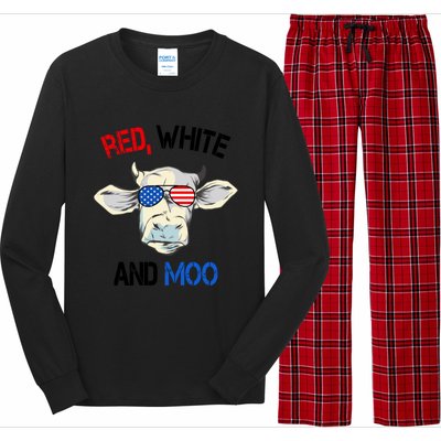 Red White Moo Usa American Cow Patriotic 4th Of July Gift Long Sleeve Pajama Set