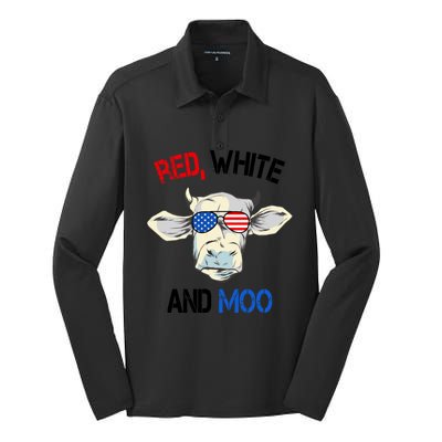 Red White Moo Usa American Cow Patriotic 4th Of July Gift Silk Touch Performance Long Sleeve Polo