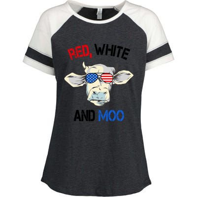 Red White Moo Usa American Cow Patriotic 4th Of July Gift Enza Ladies Jersey Colorblock Tee