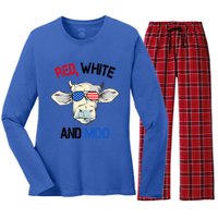 Red White Moo Usa American Cow Patriotic 4th Of July Gift Women's Long Sleeve Flannel Pajama Set 