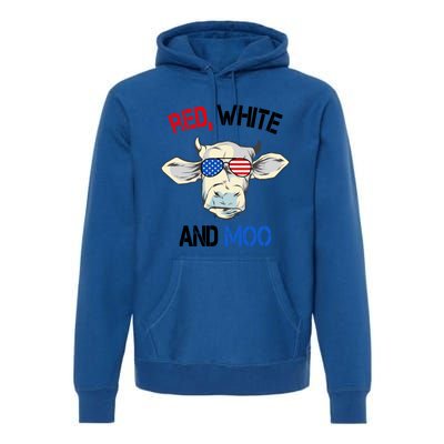 Red White Moo Usa American Cow Patriotic 4th Of July Gift Premium Hoodie