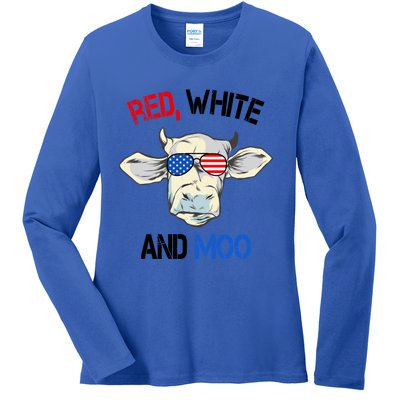 Red White Moo Usa American Cow Patriotic 4th Of July Gift Ladies Long Sleeve Shirt