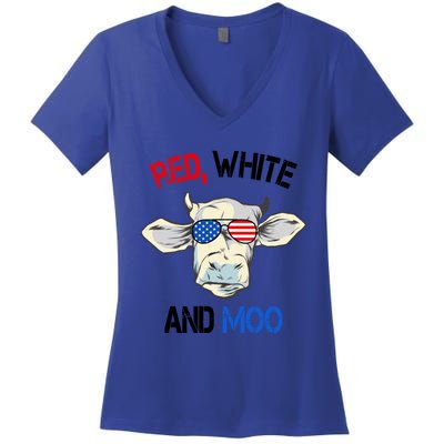 Red White Moo Usa American Cow Patriotic 4th Of July Gift Women's V-Neck T-Shirt