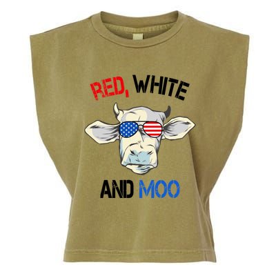 Red White Moo Usa American Cow Patriotic 4th Of July Gift Garment-Dyed Women's Muscle Tee