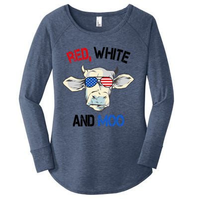 Red White Moo Usa American Cow Patriotic 4th Of July Gift Women's Perfect Tri Tunic Long Sleeve Shirt