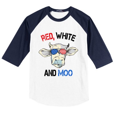 Red White Moo Usa American Cow Patriotic 4th Of July Gift Baseball Sleeve Shirt